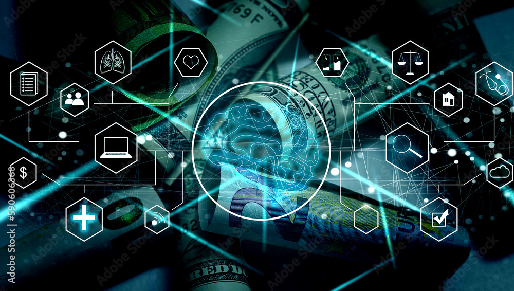 Poster artificial intelligence service business web computing iot integration concept. ai gear icon on disp