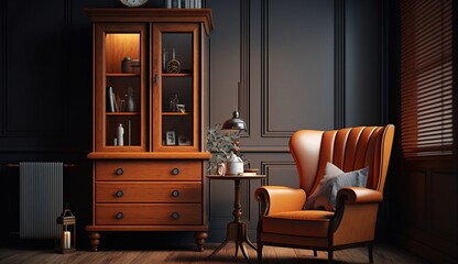 An interior design centered around a wooden cabinet and a luxurious armchair, brought to life in this stunning 3d rendering, generative AI