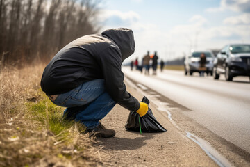 A person picking up litter on the side of a road, Earth Day Generative AI