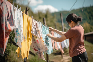 A person using a clothesline to dry clothes, Earth Day Generative AI