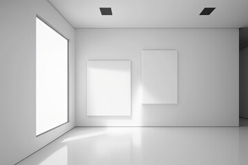 White minimalistic empty studio wall displays objects in architecture. Generative AI