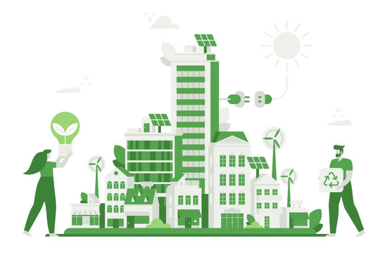 Vector illustration Green energy for homes of eco friendly city. Cartoon minimal geometric cityscape with solar panels and windmill, skyscrapers and park, people connect light bulb to electric system