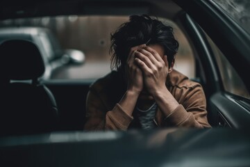 A Man Covers His Face With His Hands In The Car. Headache Or Accident On The Road. Generative AI