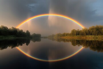 Fototapeta na wymiar Rainbow That Appears To Be Perfectly Symmetrical, With Each Band Forming Perfect Mirror Image Of The Other. Generative AI