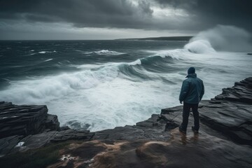 Person Standing At The Edge Of Cliff, Looking Out At Turbulent Sea During Storm. Generative AI