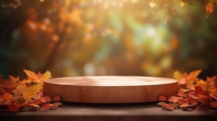 Autumn scene with minimal wooden product podium display, circular dais showcase platform with copy space. Outdoor background. AI generative image.