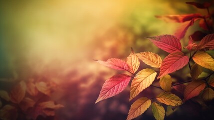 Saturated autumn leaves background with bokeh effect. Outdoor backdrop with copy space. AI generative image.