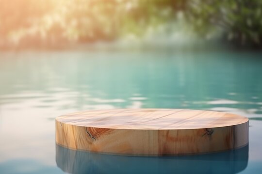 Circular platform, round podium for product display in pond with calm and clear blue water. Showcase in outdoor spring nature background. AI generative image.