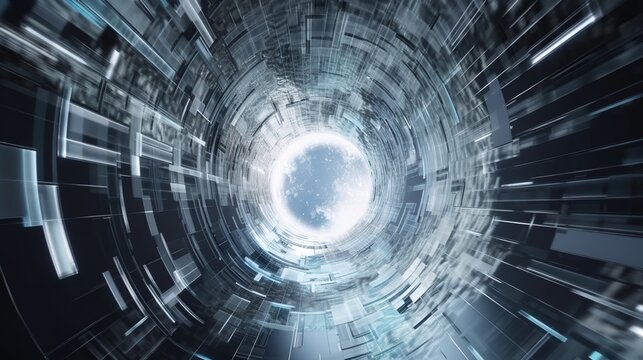 Abstract digital tunnel with data stream. Sci-fi blue background with copy space. AI generative image.