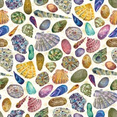 Seamless pattern with colorful shells and stones