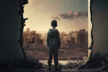 Back view of child looking at the wreckage of a war-torn city