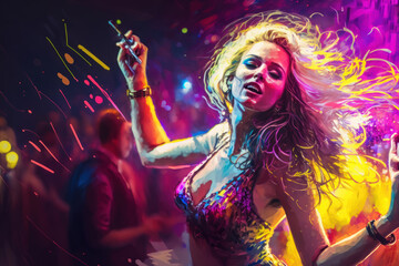 Colorful illustration of woman dancing in disco. Generative Ai