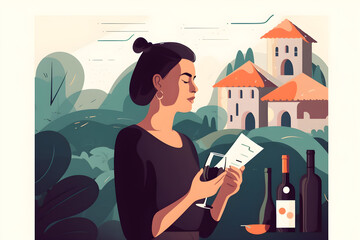Flat vector illustration Portrait of a young brunette visiting a winery in search of a good bottle of wine.