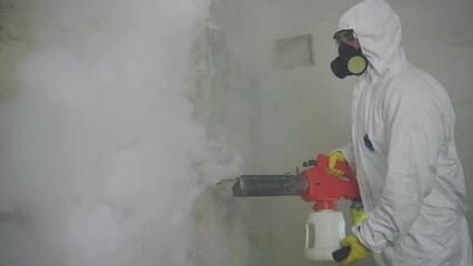 xterminator uses a smoke fumigator to destroy mold in the basement,the problem of high humidity close up
