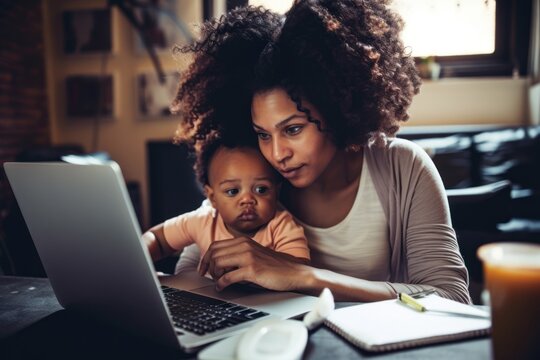 Young mother working at home with the baby on the lap