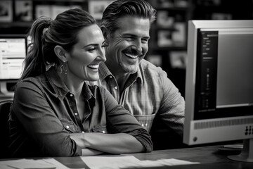 Young man and woman in modern office working as a team. Generative Ai