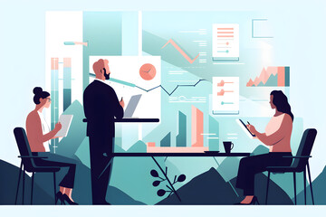 Flat vector illustration CEO, wife and slide show at business growth team building seminar. Composition of a female manager meeting with the marketing team in the office,