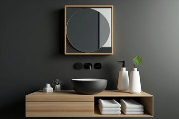 wooden bathroom furnishings and a black sink. Grey wall with a square mirror. Aspect. Closeup. Generative AI