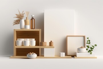 platform with wood products on it against a white backdrop. Generative AI