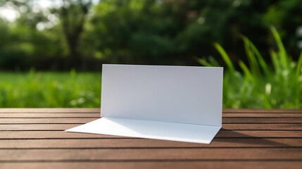 white blank card on A wooden table product display with lush green garden background of grass and blurred foliage
