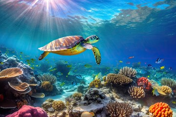 underwater scene with colorful coral reefs teeming with exotic fish, a sea turtle gliding gracefully through the crystal-clear waters, and rays of sunlight piercing through the surface - Generative AI - obrazy, fototapety, plakaty