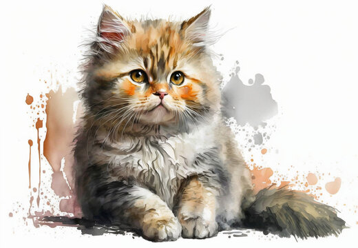 A watercolor painting of a cat. Portrait of a cat, design for booklet, cover, cat print. Generative AI