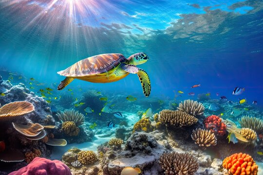 underwater scene with colorful coral reefs teeming with exotic fish, a sea turtle gliding gracefully through the crystal-clear waters, and rays of sunlight piercing through the surface - Generative AI