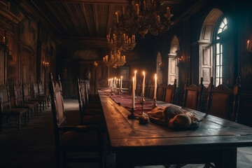 long dining table inside the castle and candlesticks on it cinematic Generative AI