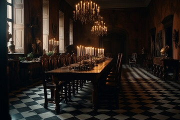 Fototapeta na wymiar long dining table inside the castle and candlesticks on it cinematic Generative AI