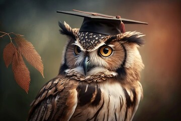 Close-up portrait of an owl wearing a graduation hat. The majestic yellow-eyed owl is a fine example of wildlife. AI generated