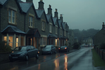 Obraz premium english houses on a rainy afternoon cinematic Generative AI
