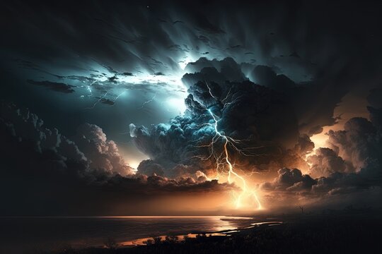 The stormy night sky is alive with clouds, lightning and thunder - a powerful reminder of the beauty in nature. AI generated