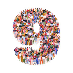 Large group of people in number 9 nine form. Numbers made of people. A crowd of male and female characters. Flat vector illustration isolated on white background.