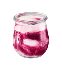 Watercolor illustration of yogurt with blueberry jam, isolated on white background. White chocolate mousse blueberry in a glass.