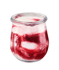 Watercolor illustration of yogurt with raspberry jam, isolated on white background. White chocolate mousse cranberry in a glass.