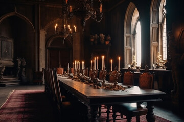 long dining table inside the castle and candlesticks on it cinematic Generative AI - obrazy, fototapety, plakaty