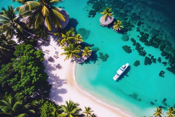 Naklejka na ściany i meble Paradise beach of a tropical island, palm trees, white sand, azure water. Drone view. Generative AI.