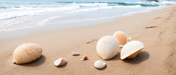 Fototapeta na wymiar Seashells on the sand of the sea coastline. Generative AI.