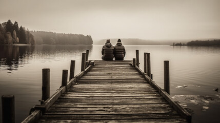 Wooden pier on the lake with ypung couple sitting on the pier Generative AI