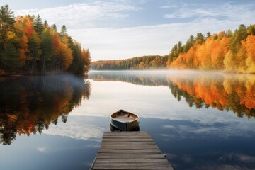 serene lakeside scene with a wooden dock extending into calm waters, surrounded by trees displaying their vibrant fall foliage, and a canoe gliding peacefully on the surface, autumn - Generative AI