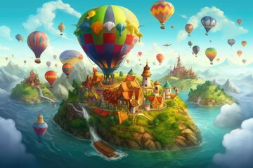 Fototapeta premium whimsical fantasy world with floating islands, colorful hot air balloons, and mythical creatures like dragons and unicorns, transporting you to a magical realm full of wonder - Generative AI