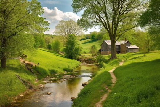 charming countryside scene with a rustic barn, rolling hills covered in lush greenery, a babbling brook meandering through the landscape, depicting idyllic tranquility of rural living - Generative AI