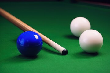 Billiard balls, cue stick and green tablecloth, Generative AI.