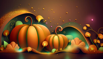 Thanksgiving Day. Orange abstract pumpkins on an abstract background. Banner. Place for text. bokeh. Generative AI
