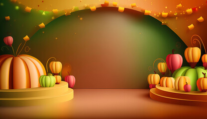 Thanksgiving Day. Abstract pumpkins on an abstract background. Place for your product. Banner. Place for text. Generative AI