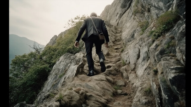 businessman Never giving up, strength and power. Man feeling determined climbing up a steep mountainside. back view