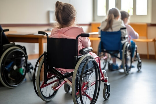 children disabled person in wheelchairs at school, inclusive education generative ai