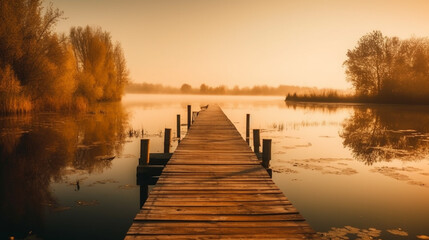 Fototapeta na wymiar Wooden pier on the lake golden hours Generative AI