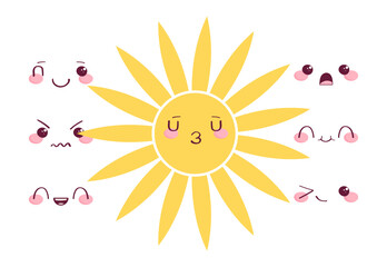 sun cartoon character with kawaii eyes set