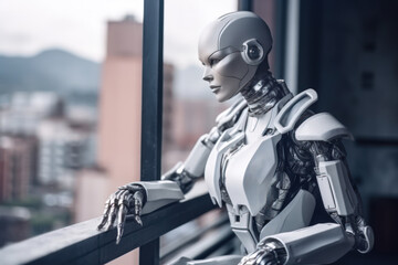 Fototapeta na wymiar futuristic female robot cyborg on the balcony of high-rise building, generative ai
